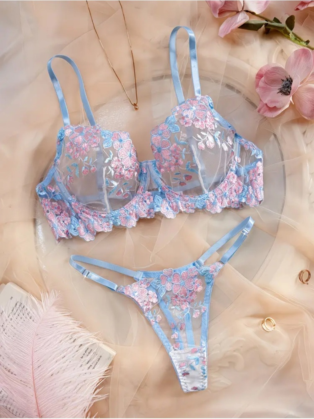 🎀 Blue & Pink Floral Lace Bralette & Thong Set 🎀 NWT